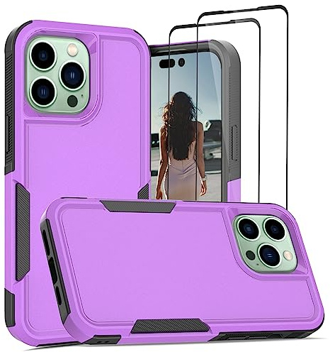 Jeylly Compatible with iPhone 14 Pro Max Case, with [2 Pack] Tempered Glass Screen Protector, Shockproof Full Body Protective Anti Scratch Matte Hard Cover for iPhone 14 Pro Max 6.7'', Purple