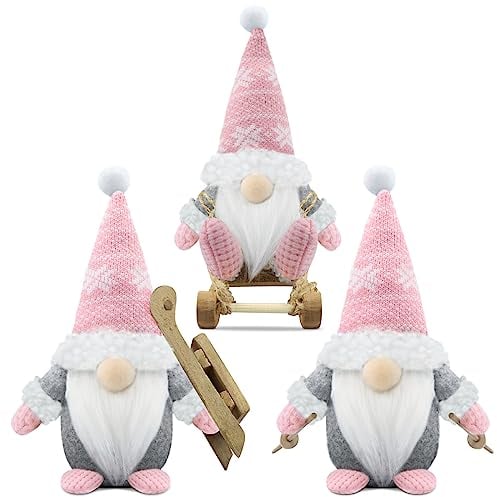 Gehydy Traîneau GNOME de Noel Lot de 3 Deco Noël GNOME Peluche Elfe Christmas Décoration pour Maison Cuisine - Rose