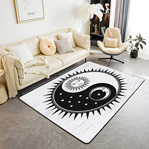 Loussiesd Yin Yang Wohnzimmer Teppiche Boho Mond Sonne Akzent Teppich Böhmische Trippy Dekor Teppich Psychedelic Peace Zeichen Muster Indoor Fußmatte Raum Dekor Wohnzimmerteppich 100x150 cm