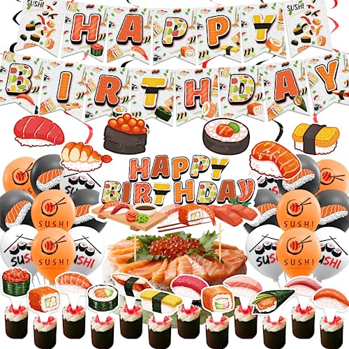 Sushi Party Dekorationen Japanische Geburtstagsfeier Dekorationen einschließlich Sushi Happy Birthday Banner Kuchen Topper Cupcake Toppers Luftballons für Sushi Themenparty