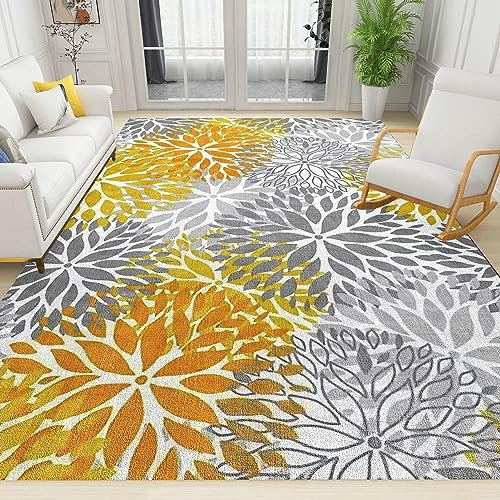 TEMLAN Abstrakte Blumenkunst Dahlie Teppiche Gegend, Gelbe Blumen Kurzflor Teppiche für Wohnzimmer, Schlafzimmer, Kinderzimmer, Büro, etc 40 x 60cm