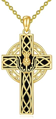 YAFEINI Sterling Silber Kreuz Kette für Damen Mädchen Gold überzogene schottische Distel Kreuz Anhänger Halskette Black Onyx Irish Keltic Schmuck Geschenke