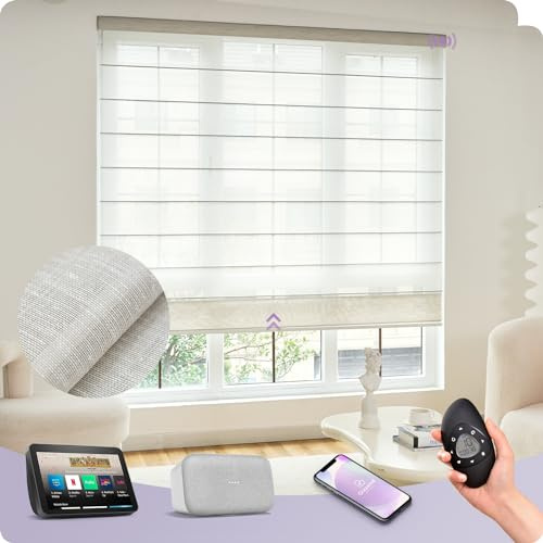 Graywind Customized Smart Roman Blinds 20% Blackout, Rechargeable Motorized Window Blinds Compatible with Alexa Google, Remote Control Electric Roman Shades Plain Fold, Sheer Ecru