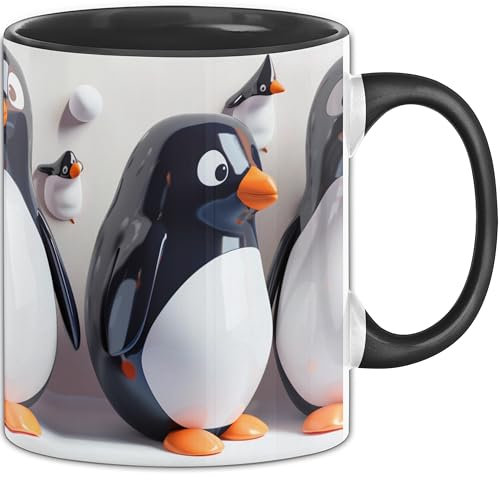Trendation - 3D Tasse Pinguine Geschenkidee Mädchen Jungs Lustiger Pinguin 3D Motiv (Schwarz)