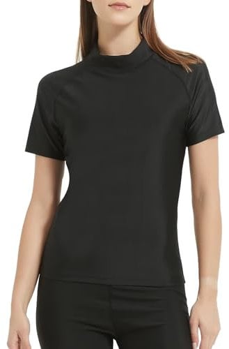 TERODACO Rash Vest Women Short Sleeve Sweat Wicking Swimming Tops for Women UV50+ Seamless Ladies Rash Guard Swimwear for Wetsuit Surfing Swimsuit,Stretchy Soft 112 Black M