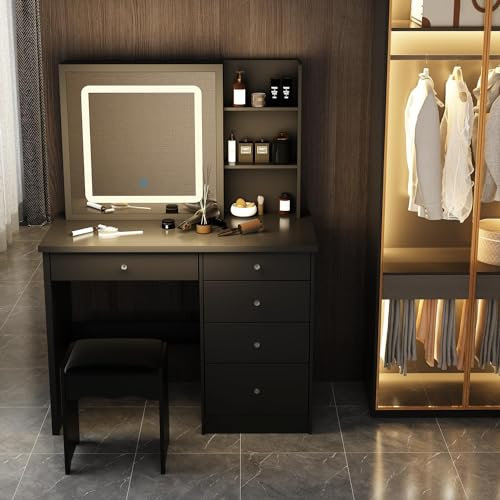 PREMTURE Dressing Table and Stool Set with 3 Colours Sliding LED Lights Mirror, Makeup Vanity Desk Set with Large Storage Space, 100W x 50D x 135H cm Makeup Table with 5 Drawers for Bedroom (Black)