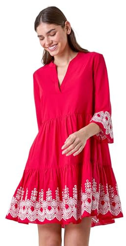 Roman Originals Smock Dress for Women UK Ladies Cotton Summer Embroidered Frilled Tiered Lounge Casual Beach Cruise Holiday Cocktail Party 3/4 Sleeve Pull On Gathered Skirt - Red - Size 16