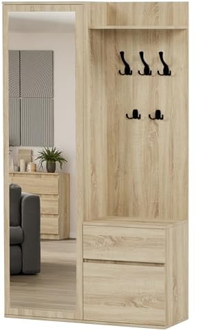 Framire Flurgarderoben-Set Sonoma Eiche 100 cm – 3-teilig: Schrank mit Spiegel + Garderobenpaneel mit Ablage + Schuhschrank mit Schublade, modulare Garderobe für Flur & Eingangsbereich, Modern V-5