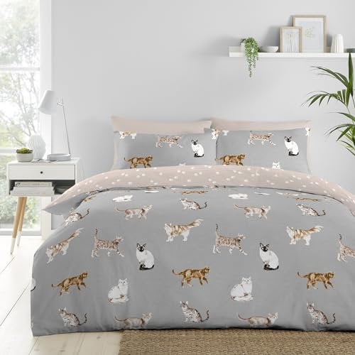 Fusion Grauer Katzen-Bettbezug – Doppelbettgröße (200 x 200 cm) – wendbares Design (rosa und grau) – Bettwäsche mit Katzenpfotenabdruck – Bettwäsche mit Tiermotiv – Siamesen, Perser, Ragdolls und