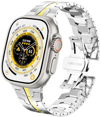 DEALELE Strap Compatible with Apple Watch 41mm 40mm 38mm, Thin Iron Man Stainless Steel Metal Replacement Bands for iWatch Series 9/8 / 7/6 / 5/4 / 3 / SE Women Men, Silver-gold