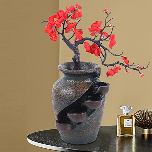 Tischplatte Brunnen Vase Landschaft, Tischbrunnen Dekoration, Harz Zimmerbrunnen Harz Vase Desktop Brunnen mit Wasserpumpe, für Büro Schlafzimmer Entspannung 30x18x40cm