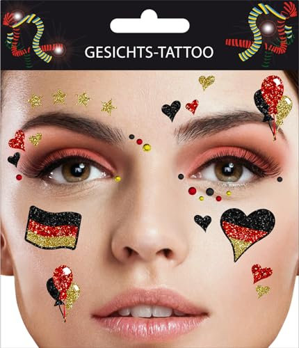 Fan-Set Deutschland – Best of Fanartikel Germany - Deutschland Flagge Fahne, Autofahnen, Sonnenhut, Hawaii Kette, Blinky, Gesichtstattoo Deutschlandset (Gesichtstattoo)