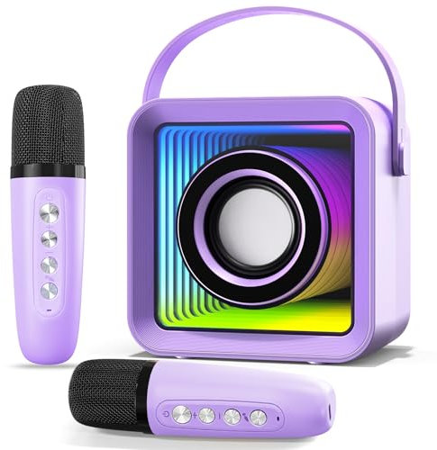 HUABAO Mini Karaoke Machine with 2 Wireless Microphones, Portable Bluetooth Singing Speaker with Lights for Kids & Adults, Child Karaoke Toys, Gift for Girls & Boys for Birthday, Home Party (Purple)