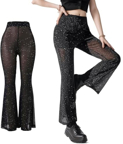 XDGBGFN Damen Schwarz Transparent Schlaghose High Waisted Glitzer Yogahose Lange Hosen Elastischer Schlaghose