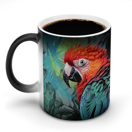 GFLFMXZW Tasse à café en céramique avec motif perroquet coloré qui change de couleur, tasse sensible à la chaleur, tasse à café amusante, tasse à thé magique, cadeau fantaisie pour homme et femme