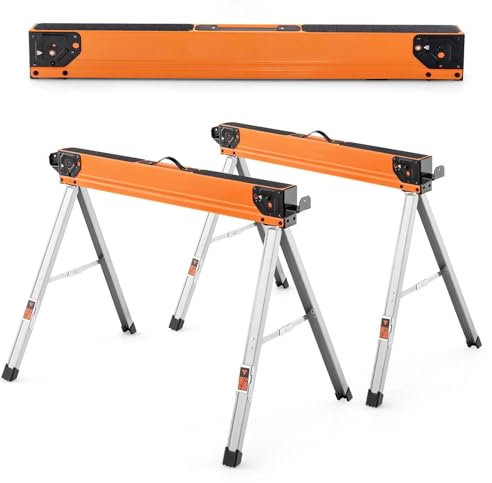 HOMFME Folding Sawhorses, 1000KG Capacity Twin Pack Workbench with Support Arms, Portable Lightweight Metal Work Trestle Stands for Garage Workshop (Orange + Black,106 x 59 x 76 cm)
