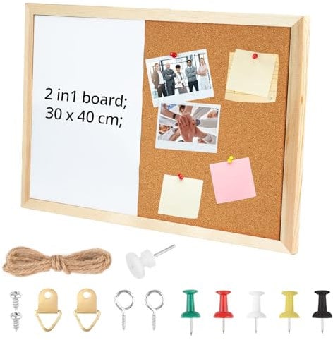 Tableau mémo de cuisine avec cadre en bois, tableau magnétique 2 en 1, combiné avec stylo à pression, matériel de fixation, mur en liège et tableau blanc magnétique pour bureau, cuisine, 40 x 30 cm
