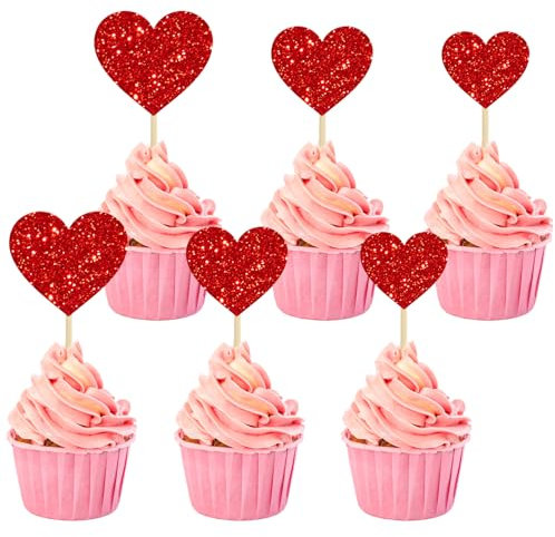 Glitter Herz Cupcake Topper,30 PCS Muffin Deko Cupcake Topper,Herzen Topper Cupcake,Liebe Herz Cupcake Toppers, für Muffins Dekorationen Hochzeit Party Jahrestag Valentinstag Kuchendeko (Rot)