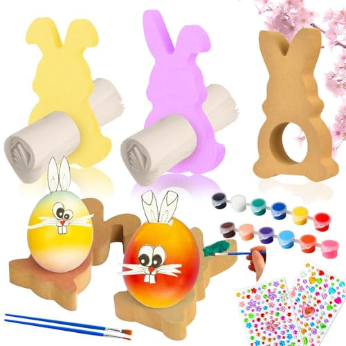 6 Stück Ostern Basteln Kinder,Ostereier zum Bemalen Hasen Holz Eierbecher Lustig Tischdekoration, Ostereier Ständer Eierhalter,Ostern Hasen Dekoration Serviettenringe Holz,Ostergeschenke Kinder