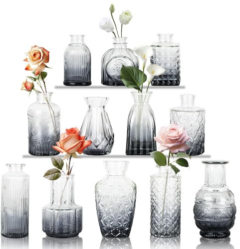 Kleine Glasvasen Set von 12, für Tischdekoration, Hochzeit, Empfang, Zuhause, Vintage-Flaschen, Schwarz Grau, Dekorative Glasvasen mit Deckeln(12, Schwarz Grau)