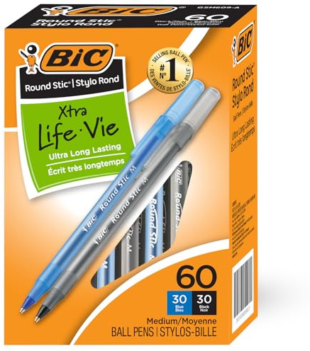 BIC Round Stic Xtra Life Stifte, 60 Stück, mittlere Spitze 1,0 mm, 30 schwarze und 30 blaue Kombi-Packung