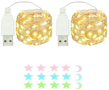 MUXIJIA 2 pièce de guirlandes lumineuses LED, 20LED 2M / 6.6Ft USB guirlandes lumineuses extérieures/intérieures étanches pour chambre, cour, mariage, Noël, bricolage, etc. (Blanc chaud)