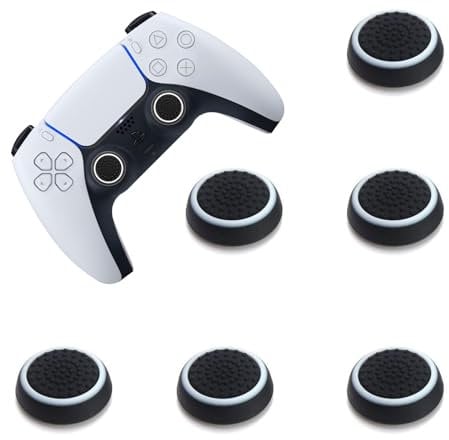 6 tapas de silicona para el pulgar – Textura antideslizante negra con anillos blancos – Fundas para mando de Xbox/PS5/Switch – Compatible con PS5, Xbox Series X/S, Nintendo Switch