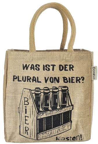 Domelo Jute Flaschentasche. Geschenke für Männer. Bierträger/Flaschenträger mit Trennwänden für 6 Flaschen. kleine Einkaufskorb. Lustige witzige Bier Männerhandtasche