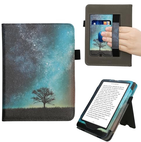 kwmobile eReader Case für Amazon Kindle Paperwhite (2024) / Colorsoft Hülle - Flip Cover mit Handschlaufe, Standfunktion, Magnetverschluss in Galaxie Baum Wiese Blau Grau Schwarz