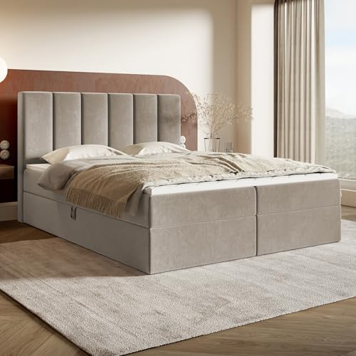 MOTIVENA Santiago Boxspringbett 180x200 Beige Samt, mit Bonellfederkern-Matratze (H4), mit T28 Komfortschaumstoff Topper (H3), Boxspringbett 180x200 mit Bettkasten Beige (Dunkelbeige)