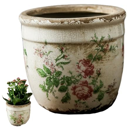Jorzer Ceramic Plant Pot Vintage Flower Pattern 4.7x4.3 Planter Pot with Drainage Hole & Crack Texture DIY Friendly Planter for Indoor Outdoor Ceramic Plant