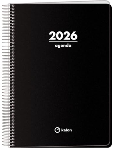 Q Kalon - Kalender 2026 - Wochenübersicht Vertikal, Format A5 (15 x 21 cm), Mehrsprachiger Jahresplaner (DE, EN, FR, ES), Ringbindung, Kartonumschlag mit Transparenter Schutzfolie - Planner