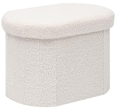Bonlife Small Ottoman Storage Stool, Oval Folding Boucle Footstool, Foldable Foot Rest, for Living Room, Bedroom, Dorm,41x31x31cm(With Lid),Cream