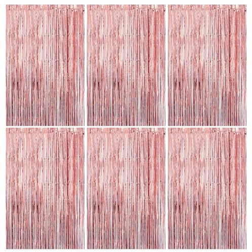 6pcs Rose Gold Foil Curtain, 3.2ft x 6.5ft Rose Gold Tinsel Curtains, Tinsel Foil Fringe Curtain, Glitter Party Curtain, Foil Backdrop For Party Birthday Baby Shower, Holiday Backdrop Decoration
