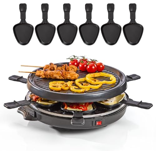 Quest Electric Raclette Grill/Indoor 6 Person Grill/Removable Non-Stick Plate / 6 Steel Grilling Pans/Cool Touch Handles / 800W (35900)