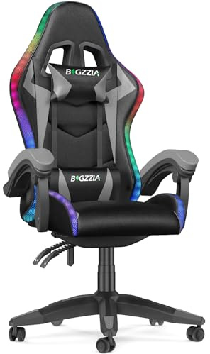 Racingreat LED/RGB Gaming Chair mit Schillernde Lichtleiste (Grau) | RGB LED PC Gaming Stuhl, PU-Leder, 90°–135° Neigungswinkel, Junge Erwachsene Gamer Büro Pause Familien