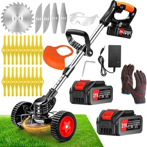 Debroussailleuse Electrique sans Fil,21V Coupe Bordure sans Fil avec 2 Batterie et Trois Types De Lames,Bordure avec Roues,Légère à Faible Bruit pour Gazon Portable d'extérieur pour Couper l'herbe