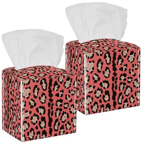 Lot de 2 boîtes à mouchoirs carrées en cuir texturé motif léopard rose répété pour coiffeuse, réservoir de toilettes, commode, table de chevet, comptoir