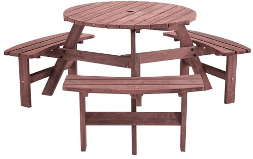 Panana 6 Seater Round Wooden Picnic Table Set with Benches, Solid Fir Wood Garden Table with Parasol Hole, Outdoor Dining Furniture for Garden, Park, Family Gatherings