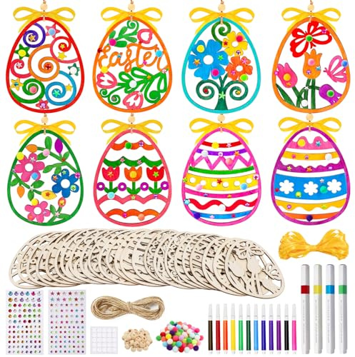 Ostern Basteln Kinder, 178 Stück Holz Ostereier zum Bemalen Bastelset, DIY Osterbasteln Holzeier zum Aufhängen für Osterdeko, Holzanhänger Ostergeschenke Kinder,Osteranhänger Osterbastelset mit Schnur