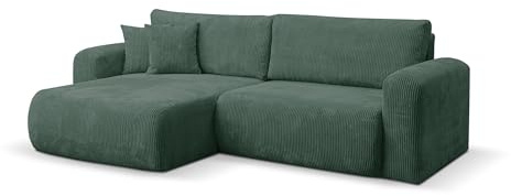 VENASI MÖBEL Ecksofa Roma, Eckcouch in L-Form mit Schlaffunktion und Bettkasten, Farbe: Grün, Cordstoff, Ottomane Universal