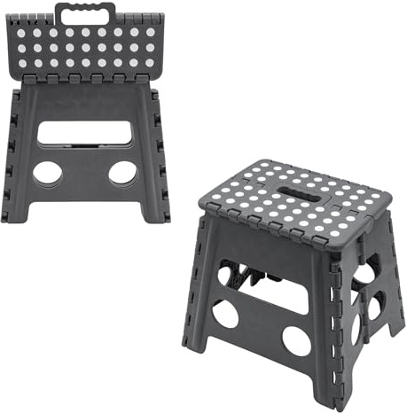 Kunststoff Antirutsch Klapptritt grau 32 x 29 cm mit Griff | bis 150kg Belastbarkeit, klappbar, rutschfest, für Camping Bad Garten
