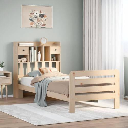 Teenpull Massivholzbett Kiefer 90x200 cm mit integriertem Regal Kopfteil und Lattenrost stabiles Bettgestell Schlafzimmer Stauraum für Bücher und Dekoration