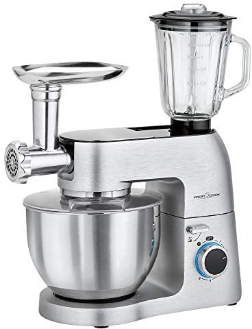 ProfiCook Knetmaschine | Universalküchenmaschine | 3in1 | 8 Geschwindigkeitsstufen | 1500 Watt | 6,7 Liter Edelstahlschüsse | Glas Mixer 1,5 Liter | Fleischwolf | Beleuchteter Drehregler | PC-KM 1189