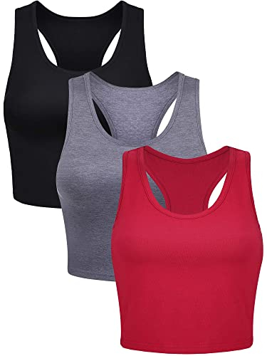 3 Stück Damen Baumwolle Basic Ärmellos Racerback Crop Tank Top Sport Crop Top für Tägliche Tragen (Schwarz, Dunkelgrau, Rot, S)