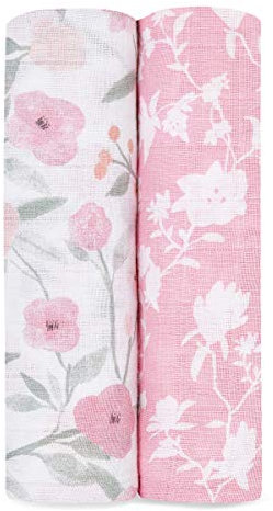 aden + anais Pucktücher, Baby-Decken aus 100% Baumwoll-Musselin für Neugeborene Mädchen & Jungen, Wickeltücher-Set für Säuglinge & Kleinkinder, 120x120cm, 2er-Pack, ma Fleur, ASWC20007