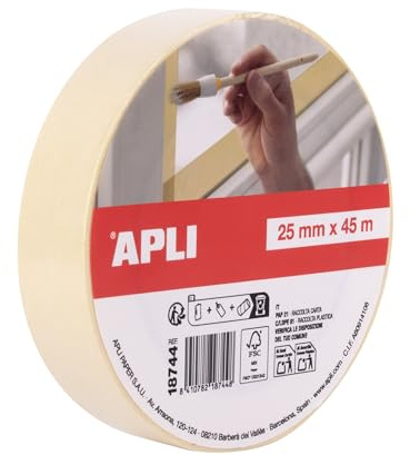 Apli 18744 - Rouleau de ruban de masquage pour peintre ou carrossier 25 mm x 45 m. Papier de 57 g/m². Résistant jusqu'à 60 °C.