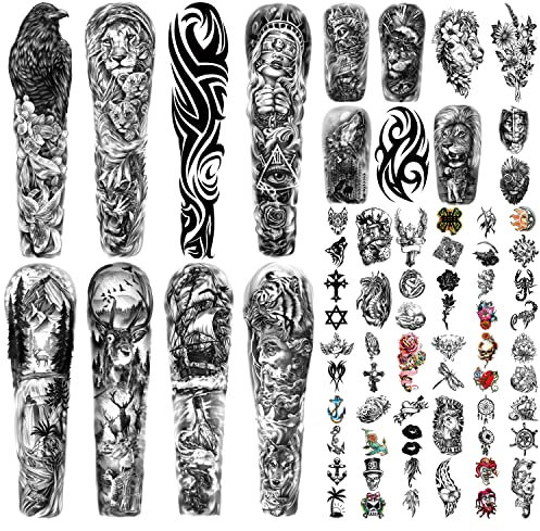 Metuu 46 Blatt Großer Vollarm Wasserdicht Realistisches temporäres Tattoo für Männer und Frauen, Elch Hirsch Adler Löwe Wolf Totem Skorpion Tattoo Aufkleber sind geeignet für Hand Arm Bein Gesicht