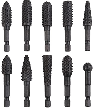 Bestgle 10pcs 1/4-Inch Shank Rotary Burr Rasp Set Carbon Steel Wood Carving File Rasp Drill Bits for Woodworking Drilling Carving Engraving