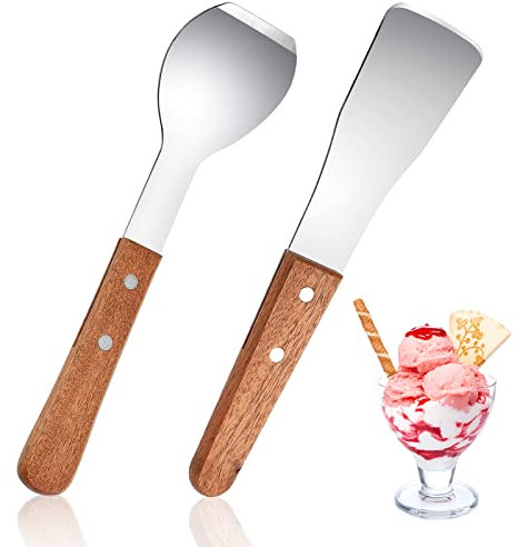 Aemygo 2 Pieces Ice Cream Scoop, Stainless Steel Ice Cream Shovel with Wooden Handle, Butter Cutter, Dessert Spade, Cook Cake Scraper, Shove Ice Cream Scoop